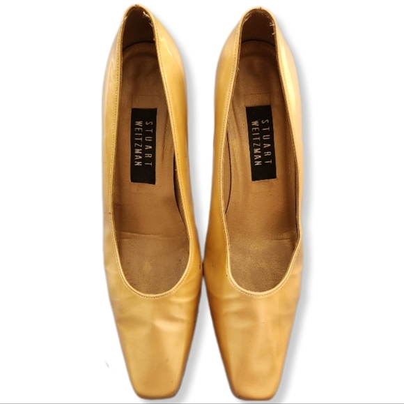 Stuart Weitzman Vintage Gold Patient Leather Square Toe Pumps Heels Sz 8M 1038 - Picture 7 of 9